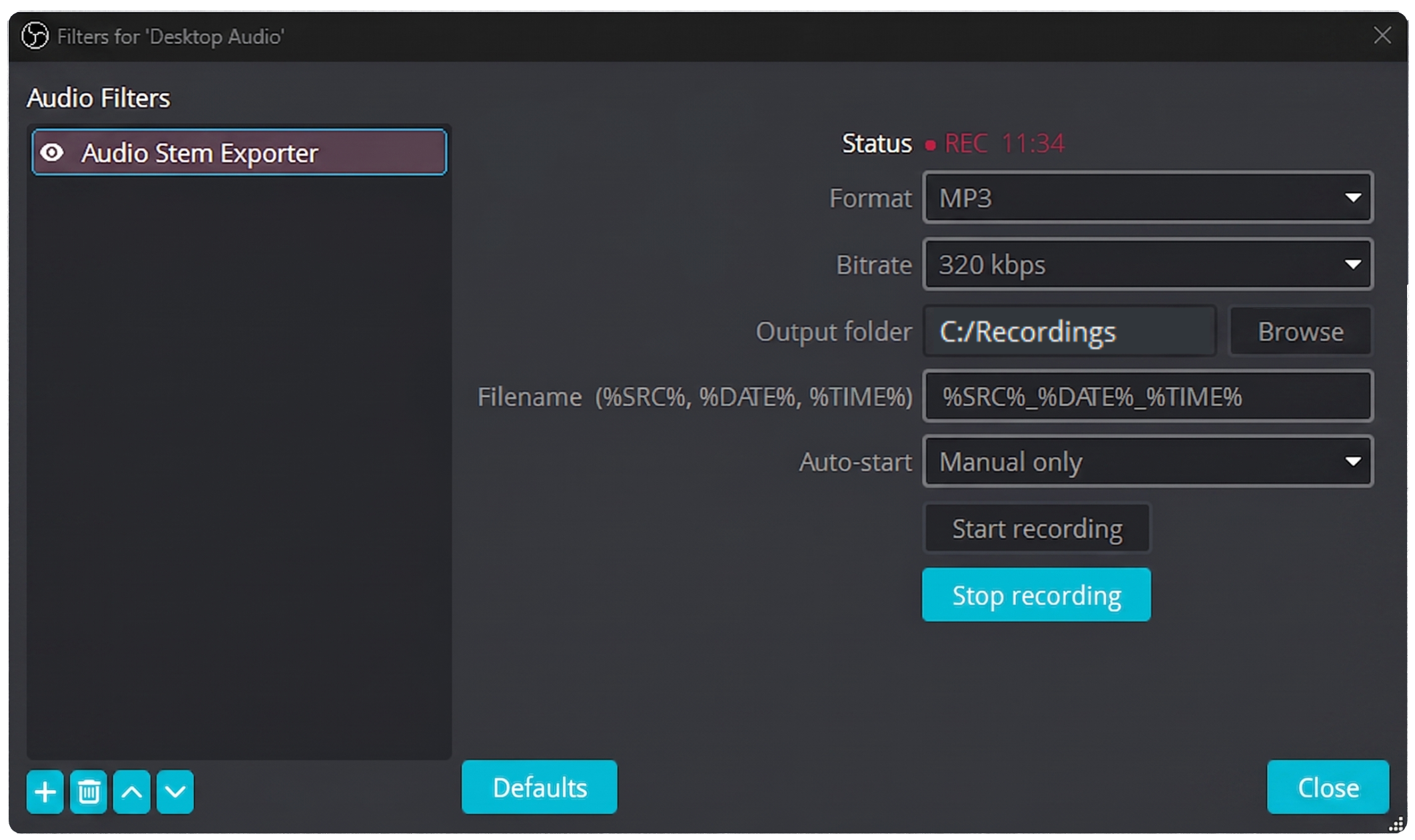 Audio Stem Exporter filter settings